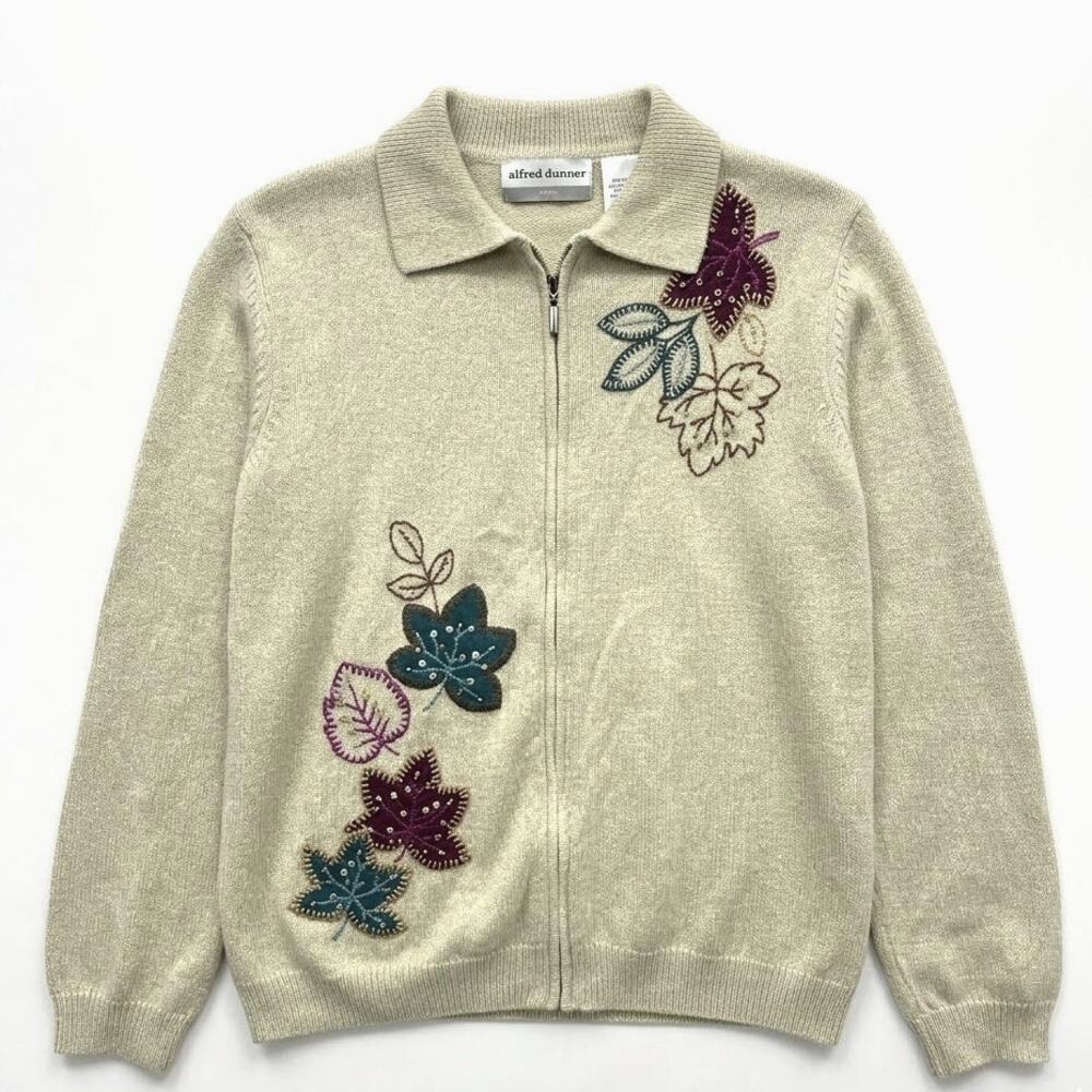 Alfred Dunner Leaf Applique Zip Cardigan Women Extra Large Petite Tan Beaded
